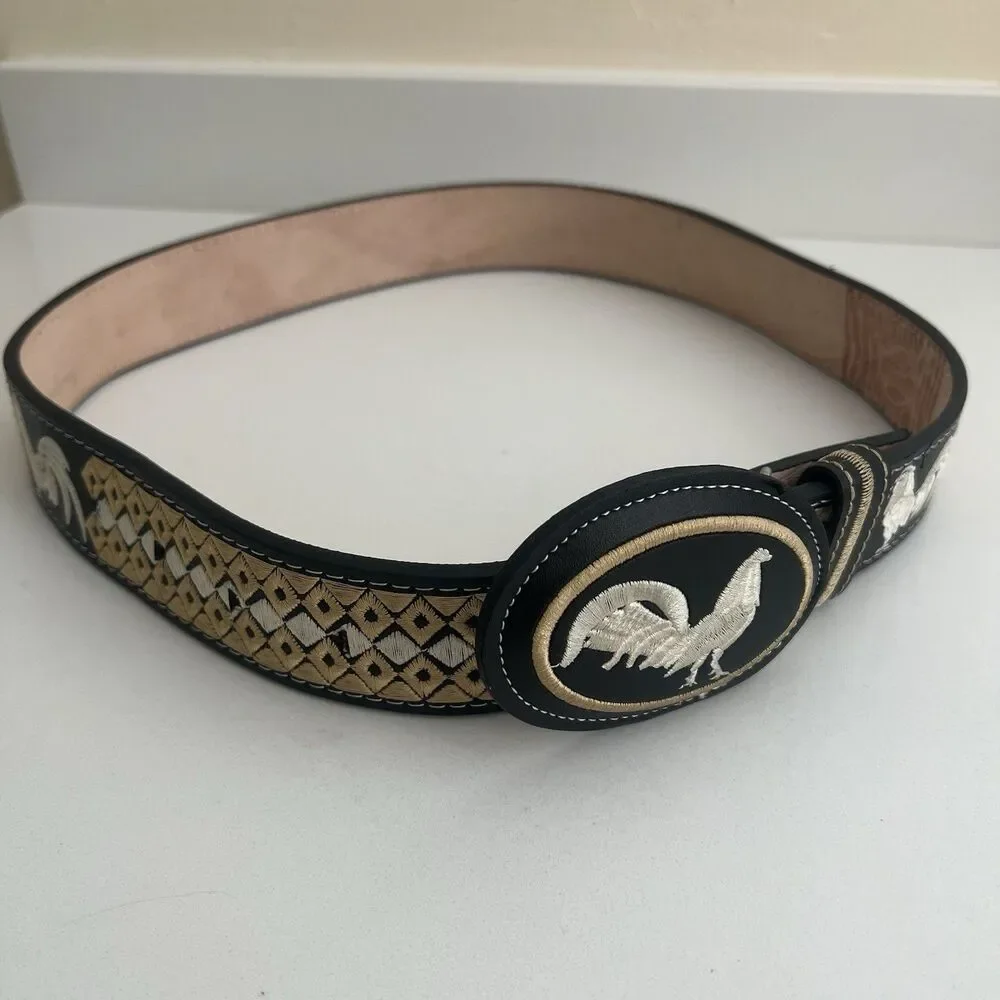 Mexican Piteado Rooster Gallo Embroidered Leather Belt Western Charro Size 38